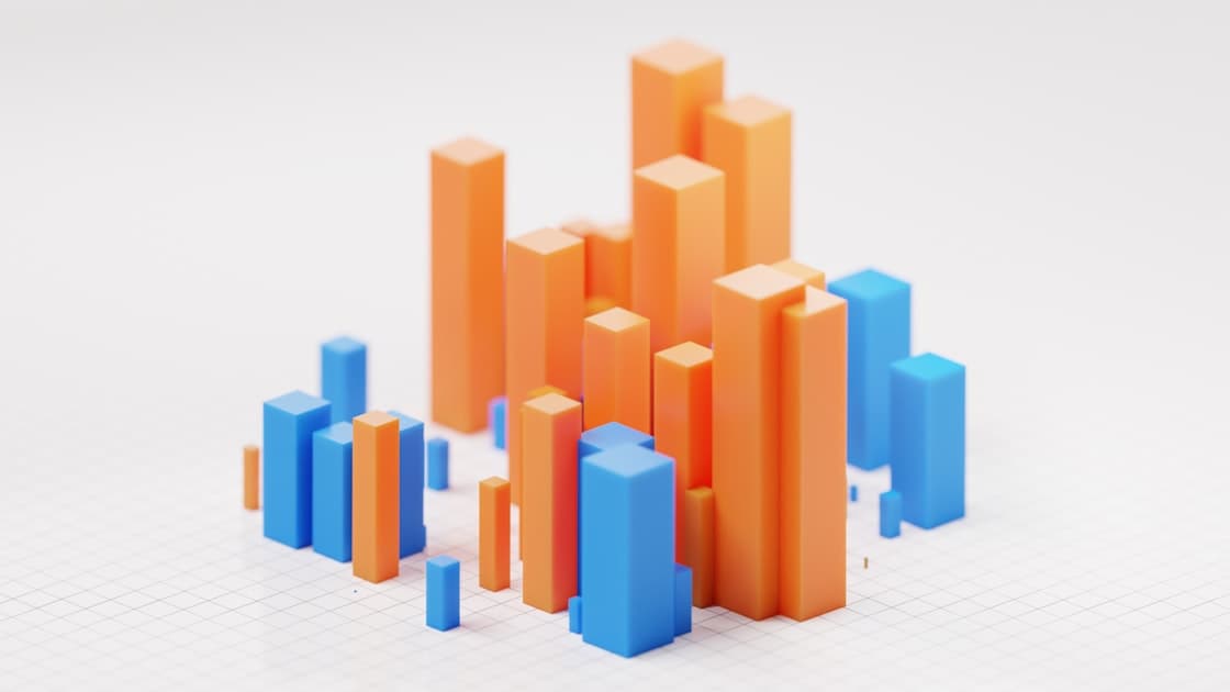 Orange and blue 3D bar chart columns on a white grid surface